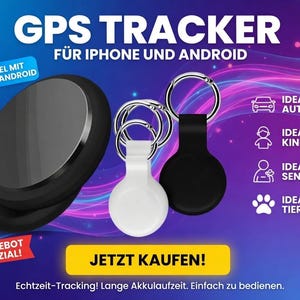 Puede incluir: Un rastreador GPS negro y plateado con un llavero, junto a rastreadores blancos y negros. La imagen incluye el texto "GPS Tracker" y "Compatible con iPhone y Android". La imagen también dice "¡Comprar ahora!"