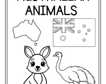May include: A black and white colouring book featuring Australian animals. The cover includes a kangaroo, an emu, a map of Australia, and the Australian flag. The title of the book is "AUSTRALIAN ANIMALS Colouring Book".