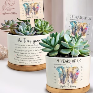May include: Two white ceramic planters with succulents, each featuring a wooden sign that reads "14 YEARS OF US" with a calendar. The planters have a bamboo base and text that reads "The Ivory Year".