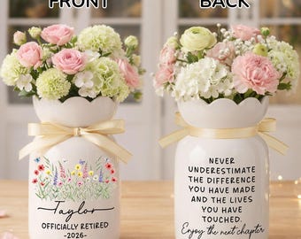 Retirement Ceramic Flower Vase, Personalized Retirement Vase Gifts, Teacher Retirement Gift, Appreciation Gift, Coworker Gift, Retired Gift