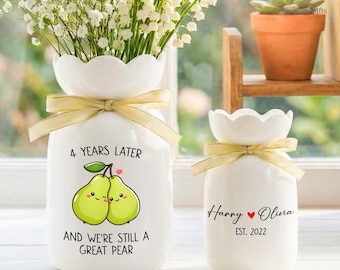 4th Anniversary Flower Vase, Funny Great Pear Couple Gifts, Personalized 4 Years Later Vase For Her, Cute Fourth Wedding Anniversary Fruit