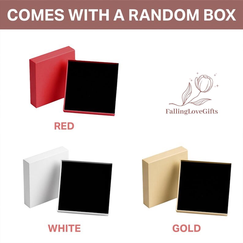 May include: Three square gift boxes with lids, shown in red, white, and gold. Each box features a black interior lining. The text COMES WITH A RANDOM BOX is at the top, and the logo FallingLoveGifts with a tulip illustration is on the right.