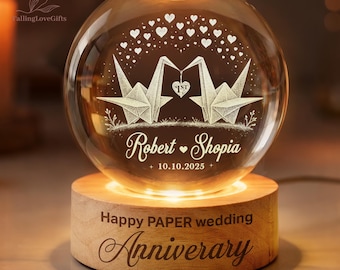 1st Paper Wedding Anniversary Crystal Ball Night Light, Paper Wedding, Paper Anniversary Gift, 1st Year Gift for Wife, The Paper Year Gifts