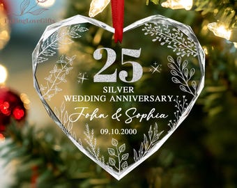 Custom Silver 25th Anniversary Gifts, 25th Wedding Anniversary Glass Ornament, 25 Years Anniversary Gift for Parents, Gifts for Husband Wife