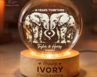 14th Ivory Wedding Anniversary Crystal Ball Night Light, Ivory Wedding, Ivory Anniversary Gift, 14 Years Gift for Wife, The Ivory Year Gifts