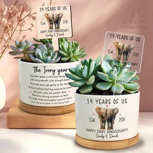 May include: Two white ceramic planters with succulents, each featuring a wooden sign that reads "14 YEARS OF US" and "HAPPY IVORY ANNIVERSARY!" with elephant illustrations. One planter has a poem.