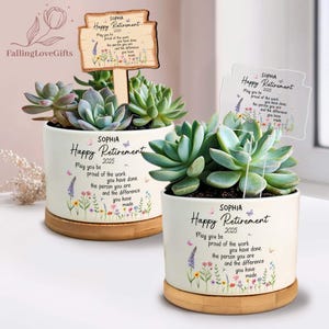 May include: Two succulent plants in white ceramic pots with wooden saucers. Each pot is decorated with floral designs and the text "SOPHIA Happy Retirement 2025." One pot has a wooden sign, the other a clear sign.