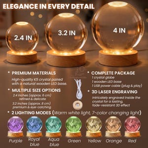 Pu&ograve; includere: Lampade a globo di cristallo da 6 cm, 8 cm e 10 cm, ciascuna su una base di legno. Offrono luce bianca calda o 7 colori cangianti. I globi presentano incisioni laser 3D. Il testo dice 'Eleganza in ogni dettaglio'.