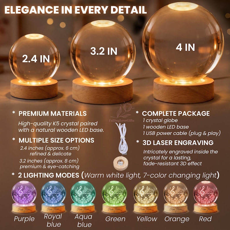 Pu&ograve; includere: Lampade a globo di cristallo da 6 cm, 8 cm e 10 cm, ciascuna su una base di legno. Offrono luce bianca calda o 7 colori cangianti. I globi presentano incisioni laser 3D. Il testo dice 'Eleganza in ogni dettaglio'.