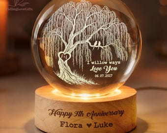 Personalized Willow Tree Crystal Ball LED Night Light, 9th Wedding Anniversary Gift, Willow Tree Gift,  9th Anniversary Willow Tree Gifts