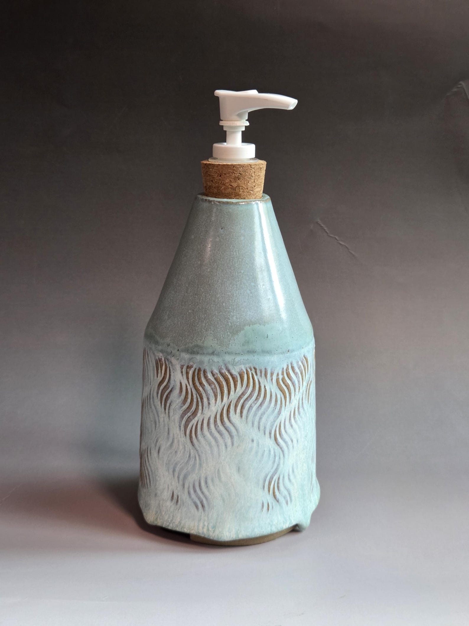 Handmade Ceramic Soap Dispenser: Misty Blue and Cream Dripping Glaze, Stamped Wave Texture