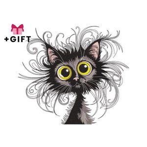 Disegno per ricamo a macchina di un gatto peloso e selvaggio, ricamo di un gattino nero con pelo arruffato e occhi grandi, simpatico gattino spaventato dei cartoni animati, animale
