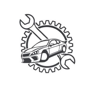 Op de afbeelding: Zwart-wit illustratie van een auto, een tandwiel en twee moersleutels. De auto is een coupé. De moersleutels bevinden zich boven en onder het tandwiel. De afbeelding is op een witte achtergrond.