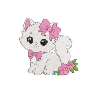 May include: An illustration of a white cartoon cat wearing a pink bow and bow tie. The cat has large black eyes and is sitting near pink flowers with green leaves. A cute design.