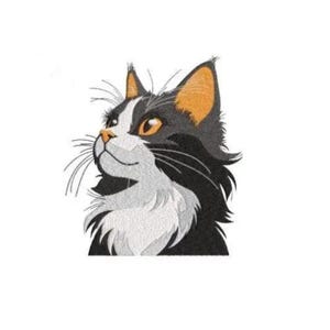 May include: An embroidered patch featuring a black and white cat with long whiskers and orange-toned ears. The cat is depicted in profile, looking upward with a white chest and face, contrasted against a dark black fur pattern.