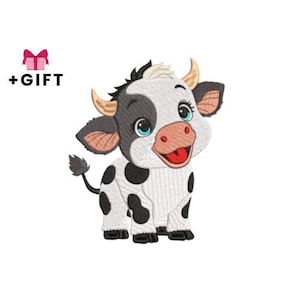 Disegno da ricamo a macchina a forma di mucca carina, disegno da ricamo a macchina a forma di mucca, mucca bianca e nera, bambini, ragazzi, bambino, bambina, bambino, dolce vitello, sorriso, occhi grandi