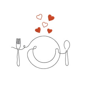Op de afbeelding: Een minimalistische lijntekening van een bord, vork en lepel, met drie rode harten en een omrand hart erboven. Het ontwerp is in zwart en rood op een witte achtergrond, wat een thema van liefde en dineren suggereert.