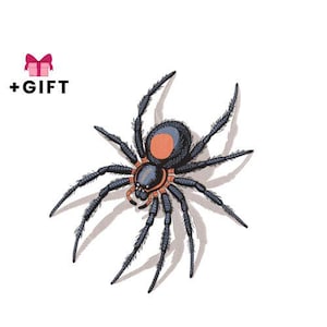 May include: A detailed illustration of a spider with a black body, orange markings, and long, segmented legs. The spider is centered on a white background, with a gift box icon and the text "+GIFT" in the upper left corner.