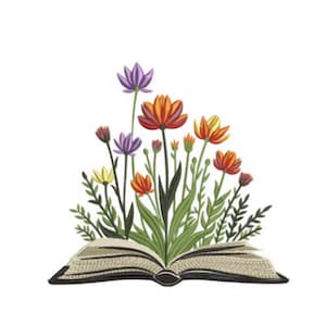 Può includere: Un libro aperto con fiori e foglie colorate che spuntano dalle sue pagine. I fiori sono in tonalità arancioni, viola e gialle, con foglie e steli verdi. Il libro ha un aspetto beige strutturato.