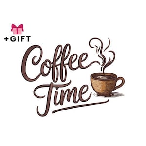 Peut inclure: Graphique marron et blanc avec les mots "Coffee Time" en écriture cursive. Une tasse de café fumante se trouve à droite du texte. Un coffret cadeau rose avec un nœud et le mot "+GIFT" sont dans le coin supérieur gauche.