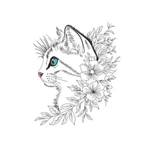 Cat Embroidery Design, Elegant Floral Kitty Line Art Machine Embroidery File, Instant Download