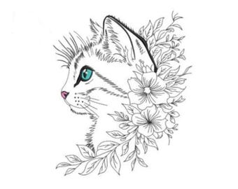 May include: A black and white line art illustration of a cat in profile, featuring a bright turquoise eye and a soft pink nose. The cat is surrounded by a cluster of detailed floral blossoms and leafy stems on the right side of the image.