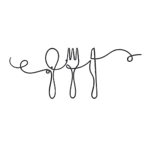 Puede incluir: Una pieza de arte mural minimalista de metal negro que presenta un dibujo de línea continua de una cuchara, un tenedor y un cuchillo. El diseño es simple y elegante, perfecto para una cocina o comedor.