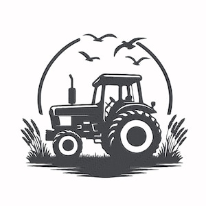 May include: A black and white illustration of a tractor with large tires, a cab, and a smokestack. The tractor is surrounded by wheat stalks, grass, and birds flying in the sky. The image has a rural, farming theme.