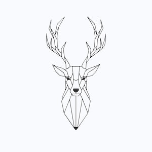 Könnte beinhalten: Schwarz-weiße geometrische Illustration eines Hirschkopfes. Das Kunstwerk verwendet eckige Linien, um das Gesicht und das Geweih des Hirsches darzustellen, vor einem schlichten weißen Hintergrund. Der Stil ist modern und minimalistisch.