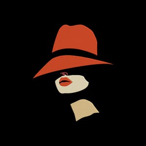 Pode incluir: Ilustração de uma pessoa usando um chapéu fedora vermelho com uma faixa preta. Apenas o rosto e o pescoço são visíveis, com lábios vermelhos e pele bege clara. O fundo é preto.