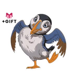 パフィンバード刺繍デザイン、遊び心のある漫画動物の機械刺繍ファイル、すぐにダウンロード