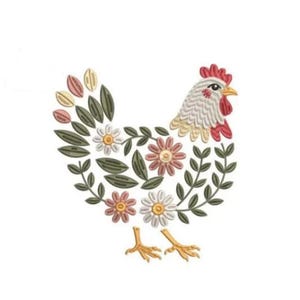 Peut inclure: Un motif brodé représentant une poule composée d'éléments floraux et botaniques. La poule présente une tête blanche et rouge, avec un corps formé de feuilles vertes, de fleurs ressemblant à des marguerites roses et blanches, et de pétales jaunes.