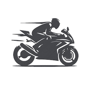 Peut inclure: Illustration en noir et blanc d'une moto et d'un pilote en position de course. La moto est représentée en mouvement, avec des lignes de vitesse. Le pilote porte un casque et est penché en avant.