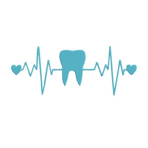 May include: A light blue embroidered design featuring a tooth in the center, integrated into a heartbeat line. Two hearts are on either side of the heartbeat line. The design is on a white background.