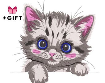 Smiling Cat Machine Embroidery Design - Adorable Cute Cartoon Kitten, Little Cats For Children, Kids, Sweet Baby Kitty Animal Face Big Eyes