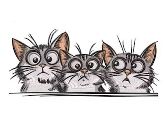 Funny Curious Cats Machine Embroidery Design - Three Cartoon Cute Fun Cat Face, Kitties,Kittens Kits Faces,Pets Animal Lovers,Gray,Big Eyes