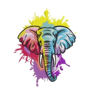 Könnte beinhalten: Eine farbenfrohe Illustration eines Elefanten mit einem lebendigen Farbspritzer-Design. Der Kopf und die Ohren des Elefanten sind in Rosa-, Gelb- und Blautönen bemalt, mit einem langen Rüssel und Stoßzähnen. Der Hintergrund zeigt Farbspritzer in Gelb, Rosa und Lila.