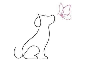 Diseño de bordado de cachorro, perro lineal y mariposa, archivo de bordado minimalista para máquina de coser de mascotas, descarga instantánea.