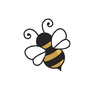 May include: A stylised graphic illustration of a bumblebee featuring a rounded black and gold striped body, two white wings with thick black outlines, and two antennae with curled tips, all rendered in a clean, flat, and minimalist vector style.