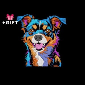 May include: An embroidered dog portrait with a smiling expression, featuring vibrant colours. The dog's fur is a mix of blue, orange, purple, and white against a black backdrop. The text "+GIFT" is displayed with a pink gift box.