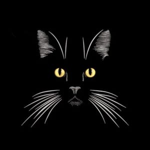 Può includere: Un design grafico raffigurante il muso di un gatto nero con occhi giallo brillante e linee bianche in stile ricamo per le orecchie, il naso e i lunghi baffi. Il disegno è su uno sfondo nero uniforme, che mette in risalto i tratti del felino.