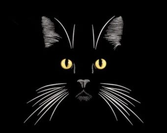 May include: A black cat face graphic design featuring bright yellow eyes and white embroidered-style line work for the ears, nose, and long whiskers. The design is set against a solid black background, highlighting the feline facial features.
