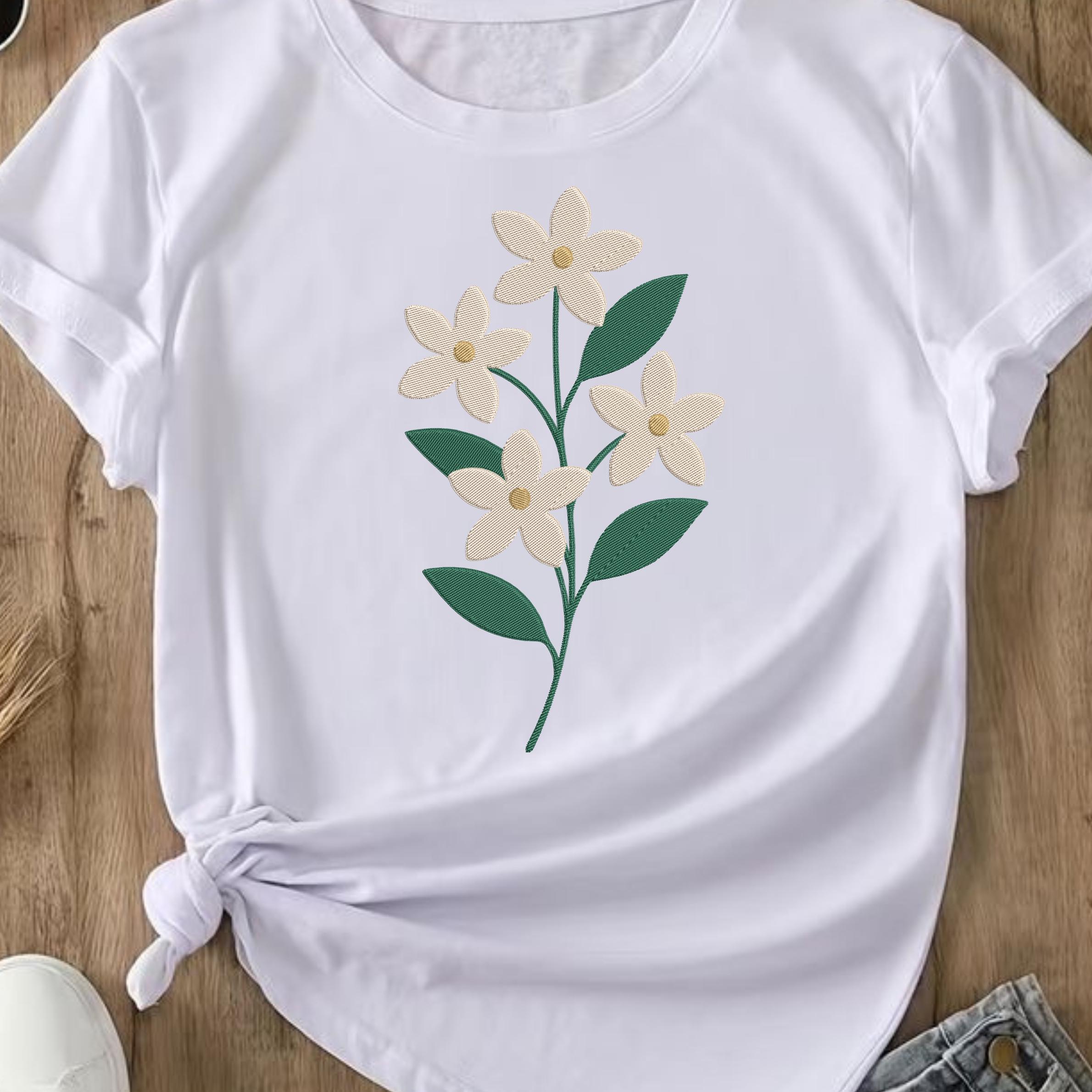 Flower Embroidery Design, White Jasmine Flowers Machine Embroidery