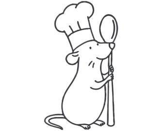 Diseño de bordado para cocina, archivo de bordado a máquina de ratón Ratatouille para cocinar, descarga instantánea