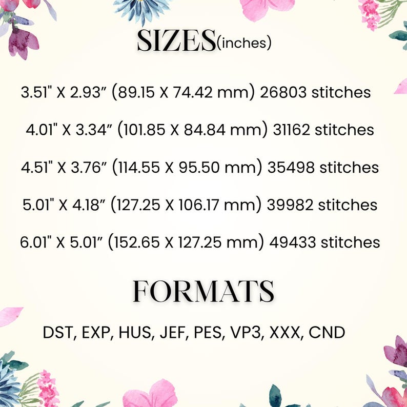 a list of sizes and formats, including measurements and corresponding descriptions. The text is presented in a clear and organized manner, with each item separated and labeled. The image does not contain any redundancy or vague descriptions, and it is a single, cohesive unit.