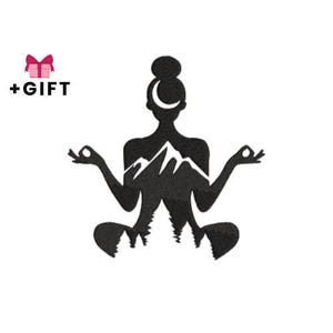 May include: Black silhouette of a person in a seated yoga pose, with a mountain range incorporated into the torso. A crescent moon is above the head. The image includes a pink gift box with a bow and the text "+GIFT".