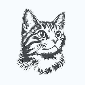 May include: A black and white illustration of a cat's head. The cat has large, round eyes, a small nose, and a slightly open mouth. The fur is detailed with lines, and the cat's ears are perked up. The background is plain white.
