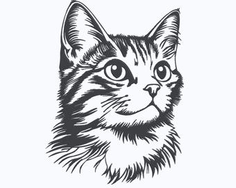 May include: A black and white illustration of a cat's head. The cat has large, round eyes, a small nose, and a slightly open mouth. The fur is detailed with lines, and the cat's ears are perked up. The background is plain white.