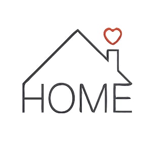 May include: A simple illustration of a house shape with the word "HOME" in dark grey. A red heart sits above the chimney. The design is clean and conveys a sense of comfort and belonging, perfect for home decor.