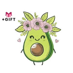 Avocados Stickdatei, lustige Avocado Maschinenstickerei, Cartoon Essen mit Gesicht, Küche, Gemüse, Obst, Grün, Floral, Niedlich